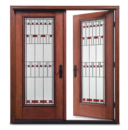 Brown wood and glass double front door, with right door partially open.