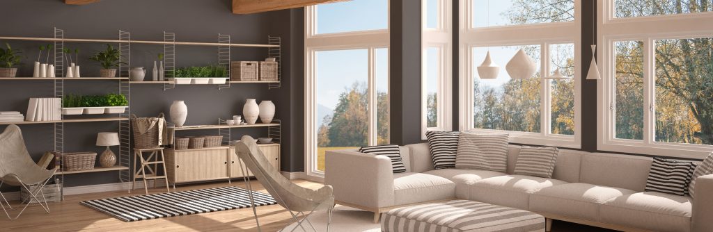 modern living room with casement windows and picture windows
