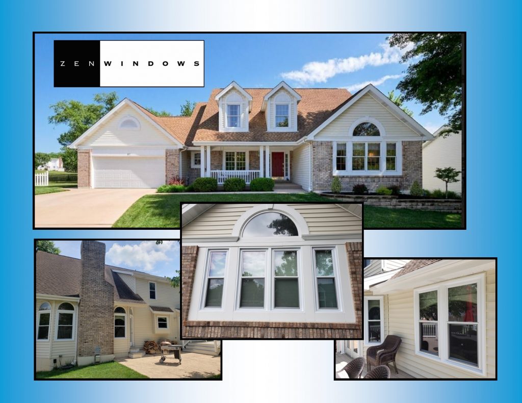 4-picture collage of newly installed windows on a small single-story home with garage and 2 dormers.