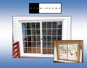 Graphic featuring two photos of window installations from Zen Windows. Sliding windows with grids.