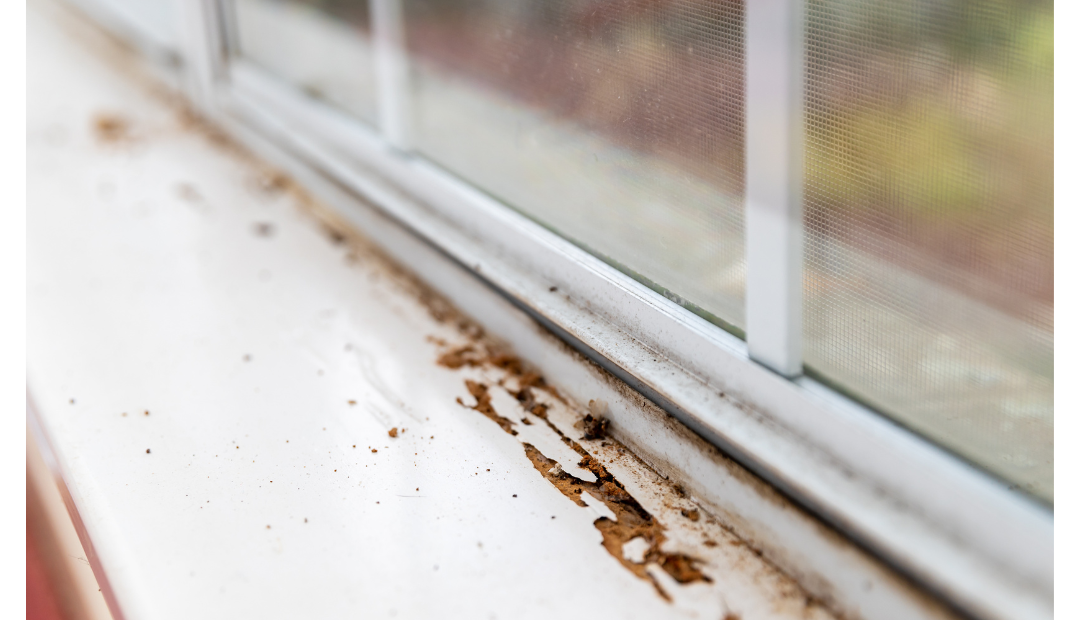 Close-up of termite damage on window sill